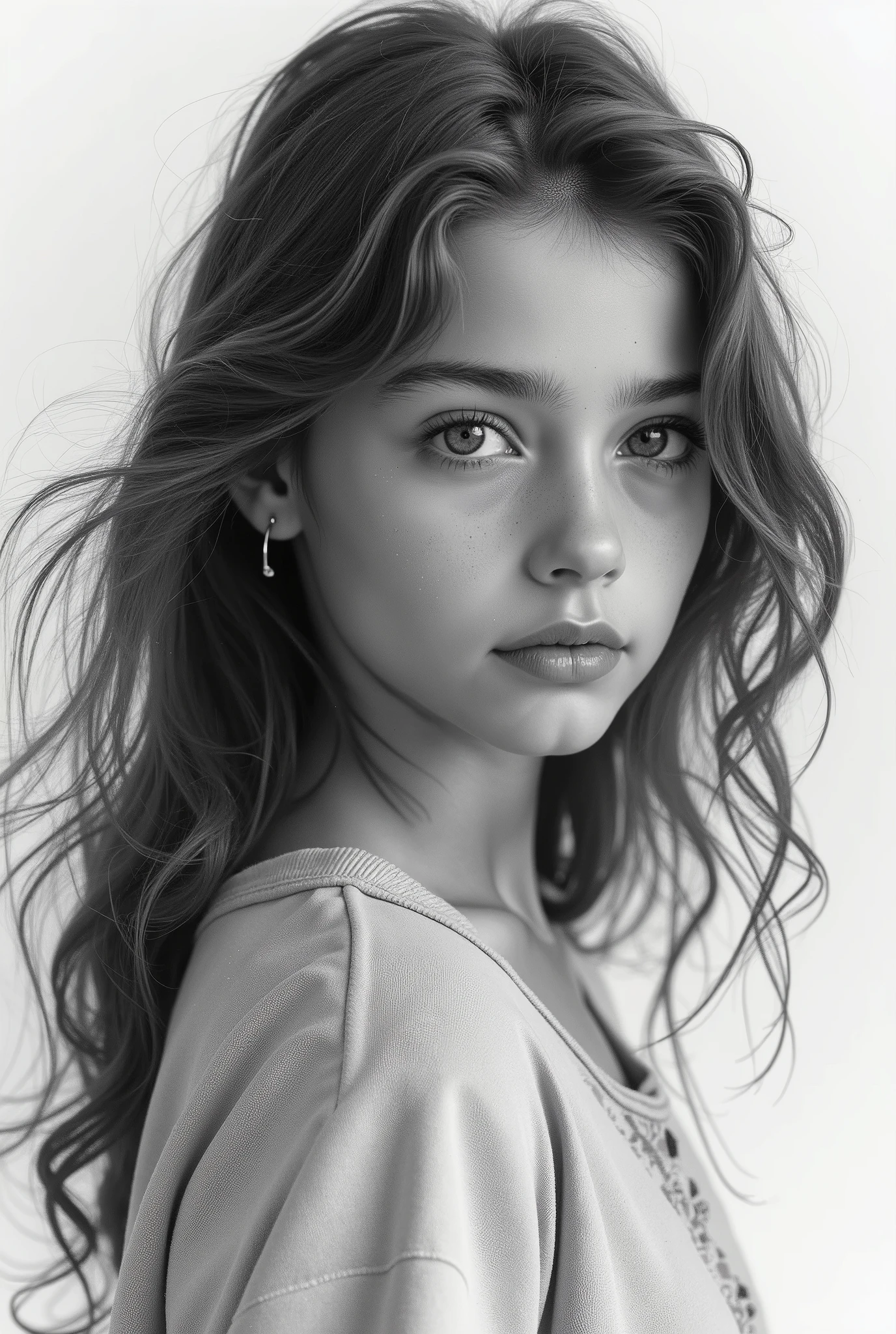 beautiful young girl, 1girl, knee shot, 18 years old, charcoal drawing, sepia, white background, (best quality,4k,8k,highres,masterpiece:1.2),ultra-detailed,(realistic,photorealistic,photo-realistic:1.37),vermeer style,chiaroscuro lighting,detailed facial features,beautiful eyes,long eyelashes,delicate skin,flowing hair