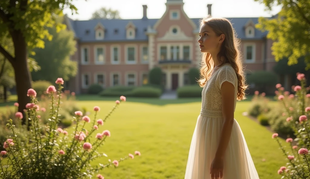 1 girl, school, distance, beauty, Retro white dress,