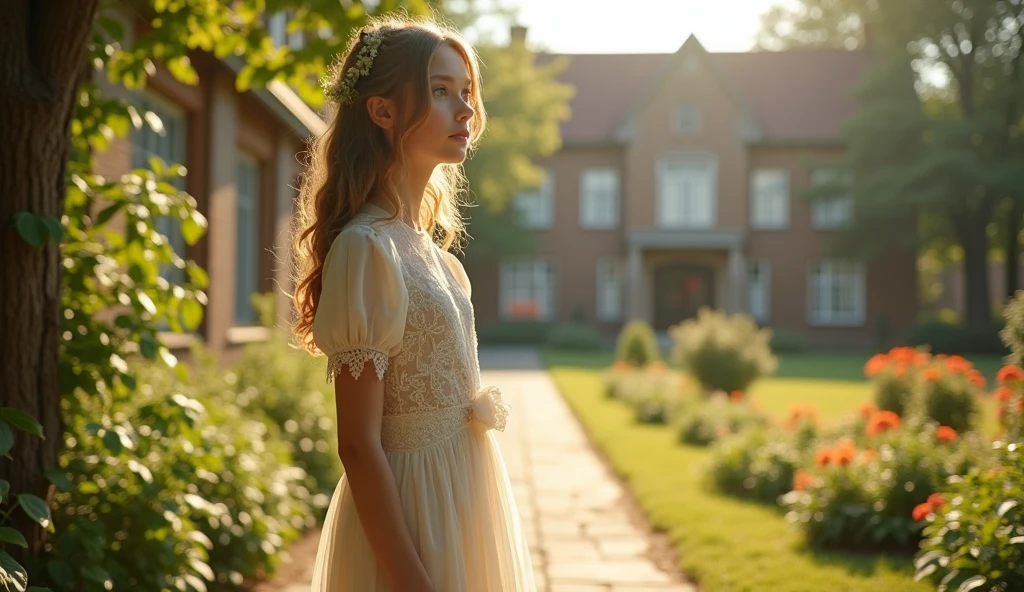 1 girl, school, distance, beauty, Retro white dress,