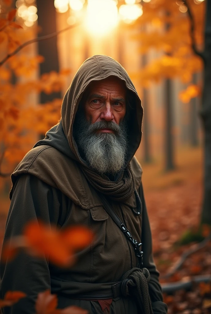 Bearded mountain man Homeless hooded cloak middle-aged walker lonely in forest autum at sunset, 3D effect ultra-detailed intricate insanely full HD, full body portrait, hyperrealist artwork, photorealistic digital painting cinematic film light, expressive eyes,