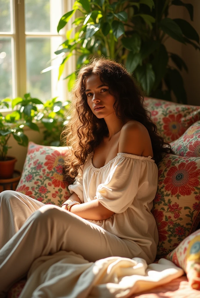 (photorealism:1.2), beautiful woman, sitting on bed, wearing loose off-shoulder top, pajama pants, long curly hair, indoors, soft lighting, plants in background, window with sunlight, cozy room, relaxed pose, realistic, intricate details, warm colors, by Greg Rutkowski, by Alphonse Mucha