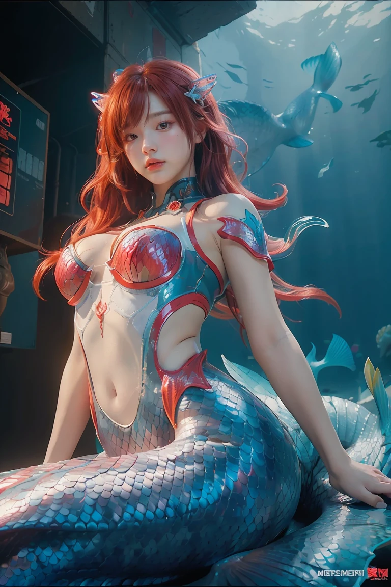 ((masterpiece, best quality, extremely detailed), volumetric lighting, ambient occlusion, colorful, glowing), 1girl, solo, young girl, (red hair), long hair, goddess, cyber suit, (mermaid design:1.3), outdoors,under the sea, , (cyberpunk theme:1.2),