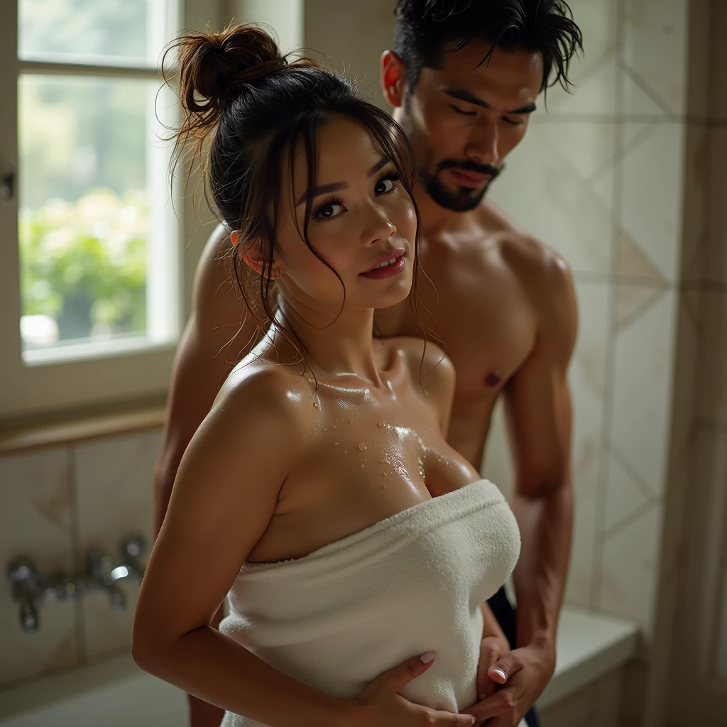 Browsing Caution,highest quality,masterpiece,8k,((A man and a woman having sex,Naked Couple,vaginal sex),Age 35,Married women,((((Droopy eyes)))) ,Captivating smile ,Slim figure,(((Saggy breasts))),Ponytail with bangs,Gloss Lip,bath,close your eyes,Drooling,breast blowjob,Chest Grab,Man caressing nipple,((Drip lotion,oily skin))