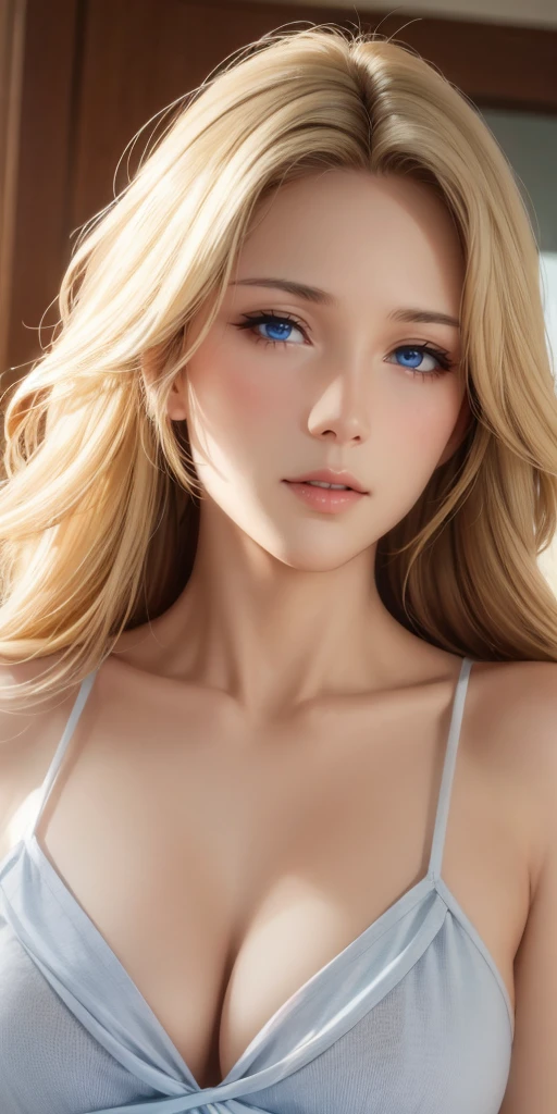 Elegant mature female, blue eyes, blonde hair, soft light, 4k resolution, high quality, beautiful cg, high detailed