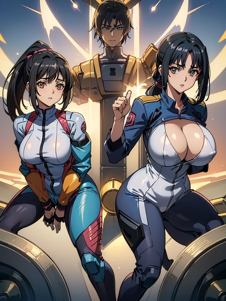 One woman at 25 years old、((((Cross Ange 2、Jill 2、Pilot Suit、Black hair ponytail、Hime cut))))、Super big breasts、8k、((Highest quality)), ((masterpiece)), (detailed)、Well-formed face、come out、 Ultra HD breasts、Ultra high definition areola、Holding hair down with fingers、expensive、Looking into the camera、