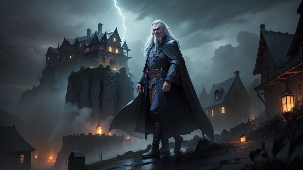 An old, menacing sorcerer with long grey hair, a dark robe, and glowing eyes stands on a high cliff overlooking a terrified village. The sky above is stormy with dark clouds swirling and crackling with lightning. Ghostly spirits hover menacingly in the air around him, drifting toward the village below. The sorcerer, with his hands raised, looks powerful and sinister as the villagers run in fear from the unleashed storms and spirits (ultrarealistic) (8k, best quality)