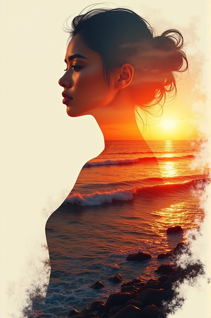 high quality, 8K Ultra HD, A beautiful double exposure that combines an goddess silhouette with sunset coast, sunset coast should serve as the underlying backdrop, with its details incorporated into the goddess , crisp lines, The background is monochrome, sharp focus, double exposure, by yukisakura, awesome full color,