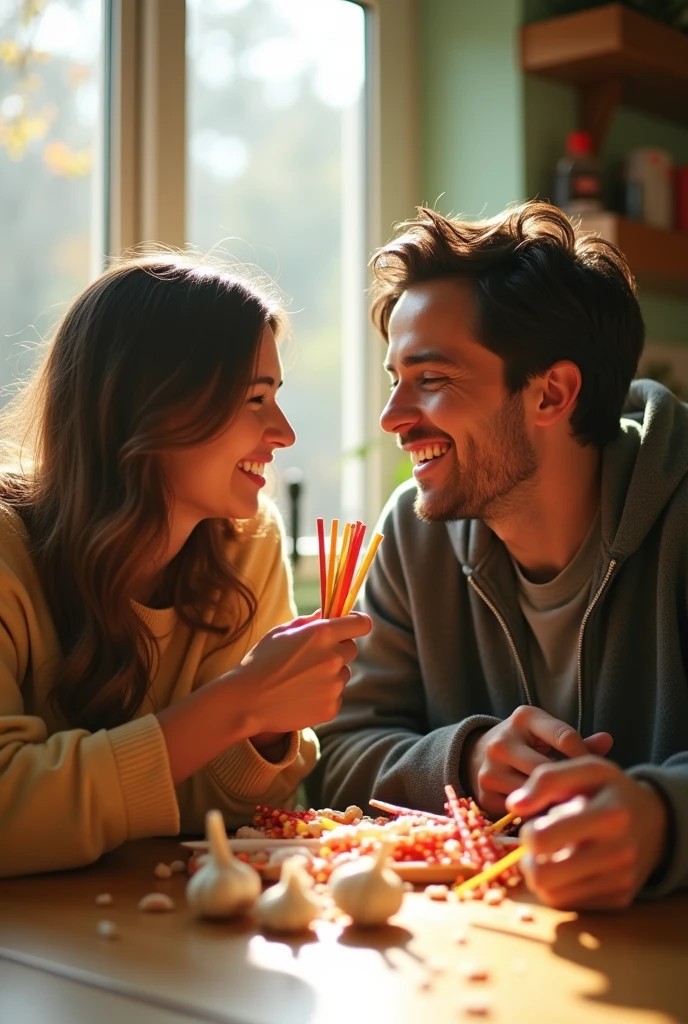 A couple playing a Pocky game with garlic sprouts.