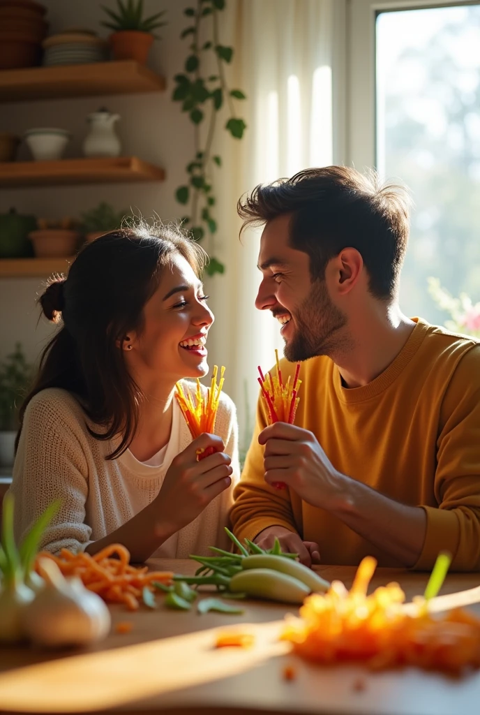 A couple playing a Pocky game with garlic sprouts.