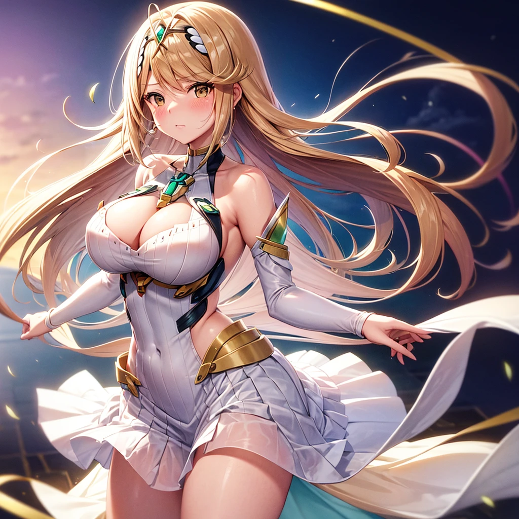 best quality, master piece, 1 woman, 20 years old, むちむちの足, round breasts, Mythra, ヒカリ、Xenoblade2, ゼノブレイド2, long hair, blondie hair, gold eyes, cleavage cut out, white dress, blush, crying, pink nipples, exhausted, very short skirt,