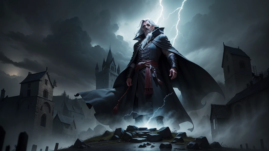 An old, menacing sorcerer with long grey hair, a dark robe, and glowing eyes stands on a high cliff overlooking a terrified village. The sky above is stormy with dark clouds swirling and crackling with lightning. Ghostly spirits hover menacingly in the air around him, drifting toward the village below. The sorcerer, with his hands raised, looks powerful and sinister as the villagers run in fear from the unleashed storms and spirits (detailed face) (ultrarealistic) (8k, best quality)