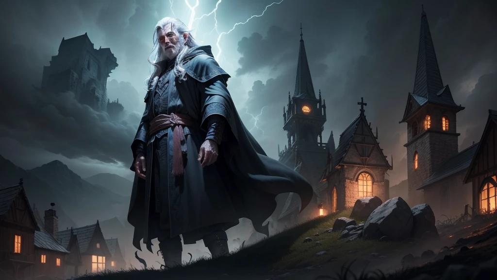 An old, menacing sorcerer with long grey hair, a dark robe, and glowing eyes stands on a high cliff overlooking a terrified village. The sky above is stormy with dark clouds swirling and crackling with lightning. Ghostly spirits hover menacingly in the air around him, drifting toward the village below. The sorcerer, with his hands raised, looks powerful and sinister as the villagers run in fear from the unleashed storms and spirits (detailed face) (ultrarealistic) (8k, best quality)