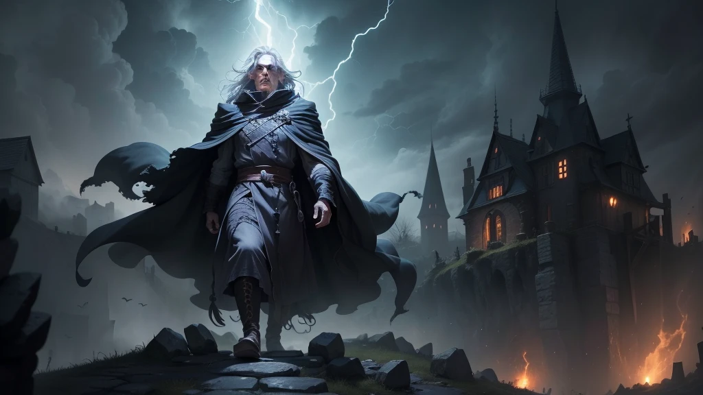 An old, menacing sorcerer with long grey hair, a dark robe, and glowing eyes stands on a high cliff overlooking a terrified village. The sky above is stormy with dark clouds swirling and crackling with lightning. Ghostly spirits hover menacingly in the air around him, drifting toward the village below. The sorcerer, with his hands raised, looks powerful and sinister as the villagers run in fear from the unleashed storms and spirits (detailed face) (ultrarealistic) (8k, best quality)