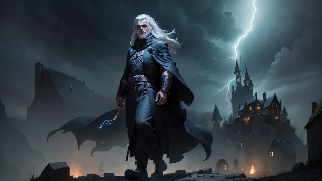 An old, menacing sorcerer with long grey hair, a dark robe, and glowing eyes stands on a high cliff overlooking a terrified village. The sky above is stormy with dark clouds swirling and crackling with lightning. Ghostly spirits hover menacingly in the air around him, drifting toward the village below. The sorcerer, with his hands raised, looks powerful and sinister as the villagers run in fear from the unleashed storms and spirits (detailed face) (ultrarealistic) (8k, best quality)