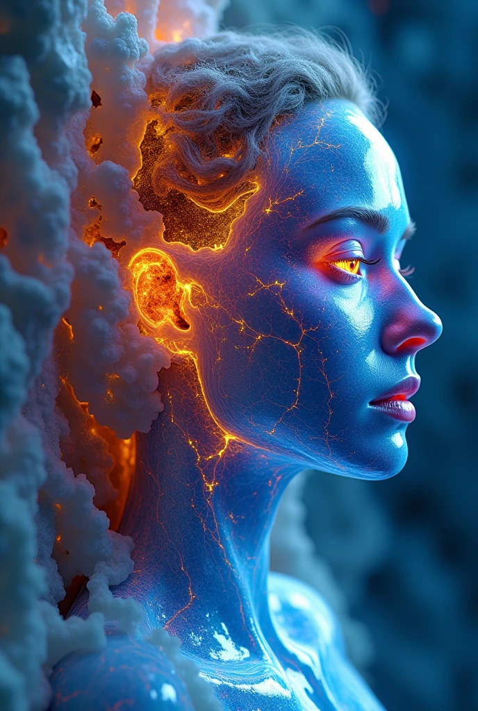 Close-up of a person's face on a cracked surface, inspired by Alberto Seveso, featured on zbrush central, orange fire/blue ice duality!, robot image, fractal human silhouette, 3d rendering in tan, blue and orange, and purple subject made of cracked ice, woman, made of fire .