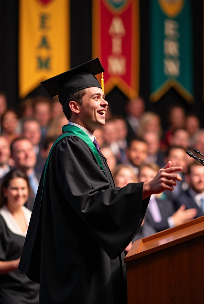 teen man speaking on stage graduation comic without speech bubble white