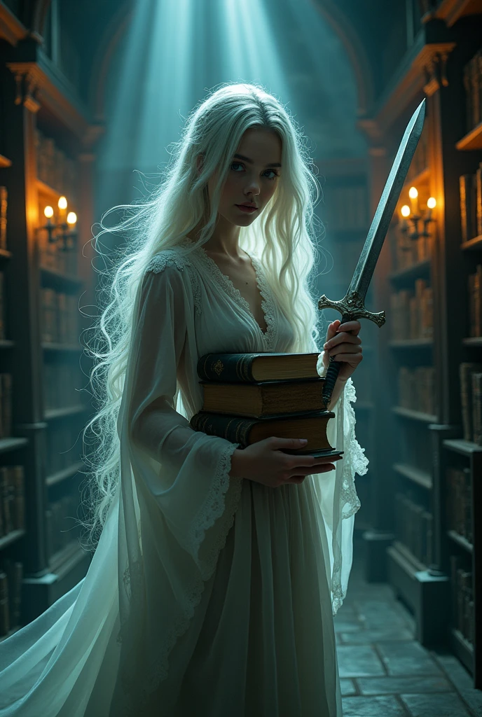 20 year old extreme hot girl ghost 
keeping books in one hand and in another had sward Teras coming from her eye. Image should in 16:9 ratio for YouTube thambnail. Looking front 