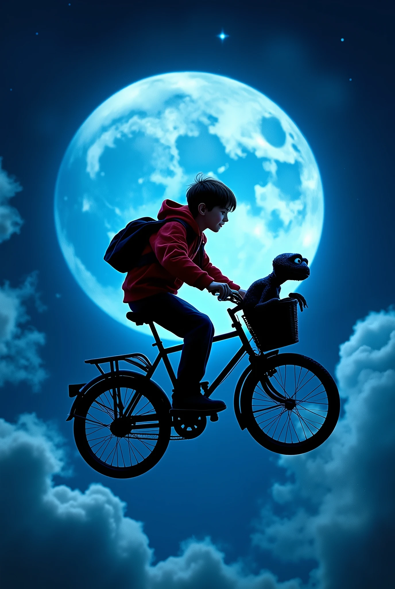 Silhouette of the main character and E.T. wearing a red hoodie flying in the sky on a bicycle with the famous blue moon from the movie E.T. in the background, E.T. in the basket of the bicycle, riding in the sky on a bicycle