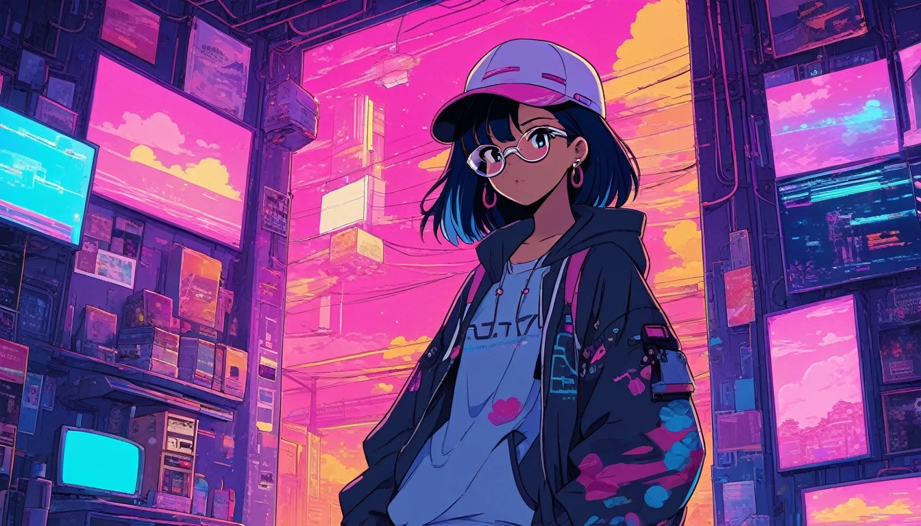 alone, lofi artstyle, lofi art, city, town, 80s anime style, Retro, Lo-Fi, masterpiece, best quality, (extremely detailed CG unity 8k wallpaper), (best quality), (best illustration), (best shadow), absurdres, realistic lighting, (Abyss), beautiful detailed glow, anime girl in a hat and glasses standing in a room, anime cyberpunk art, digital cyberpunk anime art, cyberpunk anime art, digital cyberpunk - anime art, anime mecha aesthetic, modern cyberpunk anime, cyberpunk anime girl, cyberpunk art style, cyberpunk anime girl in hoodie, cyberpunk vibe, anime cyberpunk, cyberpunk themed art, digital cyberpunk anime!!, anime vibes