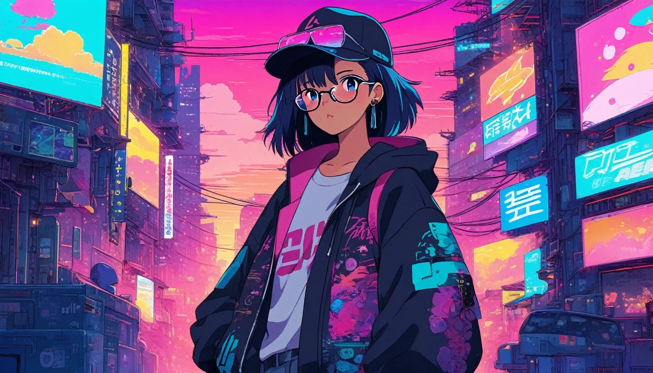 alone, lofi artstyle, lofi art, city, town, 80s anime style, Retro, Lo-Fi, masterpiece, best quality, (extremely detailed CG unity 8k wallpaper), (best quality), (best illustration), (best shadow), absurdres, realistic lighting, (Abyss), beautiful detailed glow, anime girl in a hat and glasses standing in a room, anime cyberpunk art, digital cyberpunk anime art, cyberpunk anime art, digital cyberpunk - anime art, anime mecha aesthetic, modern cyberpunk anime, cyberpunk anime girl, cyberpunk art style, cyberpunk anime girl in hoodie, cyberpunk vibe, anime cyberpunk, cyberpunk themed art, digital cyberpunk anime!!, anime vibes