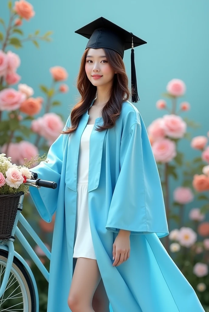Consept art photography, fan art photography, a women, wearing hijab, slim and thin, wearing black graduation hat, Wearing pastel blue graduation gown, pastel blue theme background, Standing pose, bicycle background with flower basket Beside , flower garden background, pastel blue flowery effect, pastel blue lighting effect, kawaii design background, bright results, perfect pose.