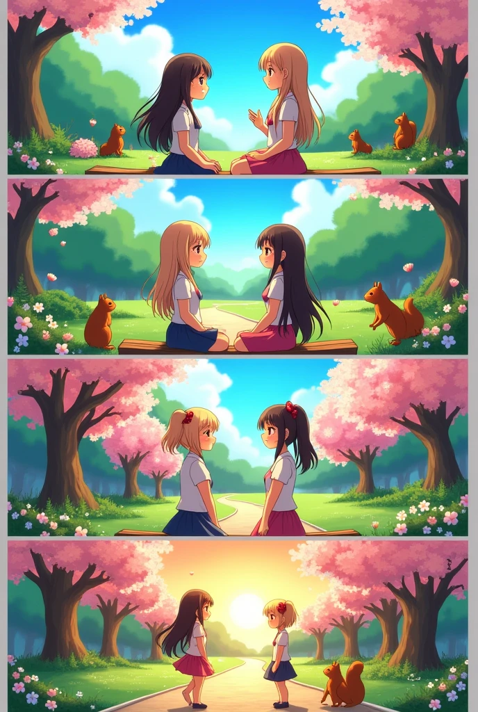 Generate an image with 4 pictures or slides of this comicstrips of two girls with anime style
 
Slide 1:
 
Panel 1: Person A and Person B are standing facing each other in a park.
 
Slide 2:
 
Panel 1: Person A and Person B are sitting on a bench, continuing their conversation.

Slide 3:
 
Panel 1: Person A and Person B are walking along a path in the park.
  
Slide 4:
 
Panel 1: Person A and Person B are now parting ways, waving goodbye.
