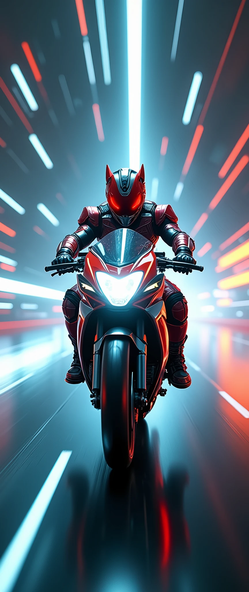 (masterpiece,8k,wallpaper),(Ray Tracing),(sf:2.0),(cyber punk:2.0),(Kamen Rider riding a motorcycle:2.0),(Kamen Rider based on a calico cat:2.0),(Motorcycle in the style of Kamen Rider),(Camera footage from the front of the aircraft:2.0),(Warping motorcycle:2.0),(Expressing superluminal speed with a beautiful white line of light:2.0),(The background is a wormhole:2.0),(VFX:2.0,CG:2.0),(Motion Blur)