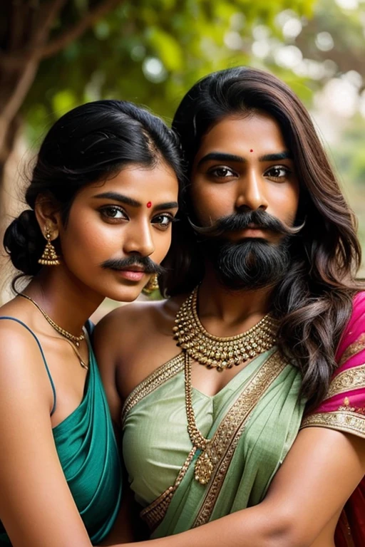 a group of young indian women wearing sarees having beard and moustache