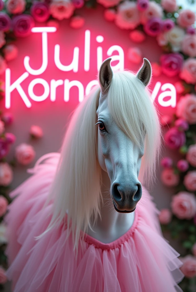 A beautiful white pony in close-up wearing a fluffy pink dress, with flowers in the background and neon letters spelling Julia Kornacova