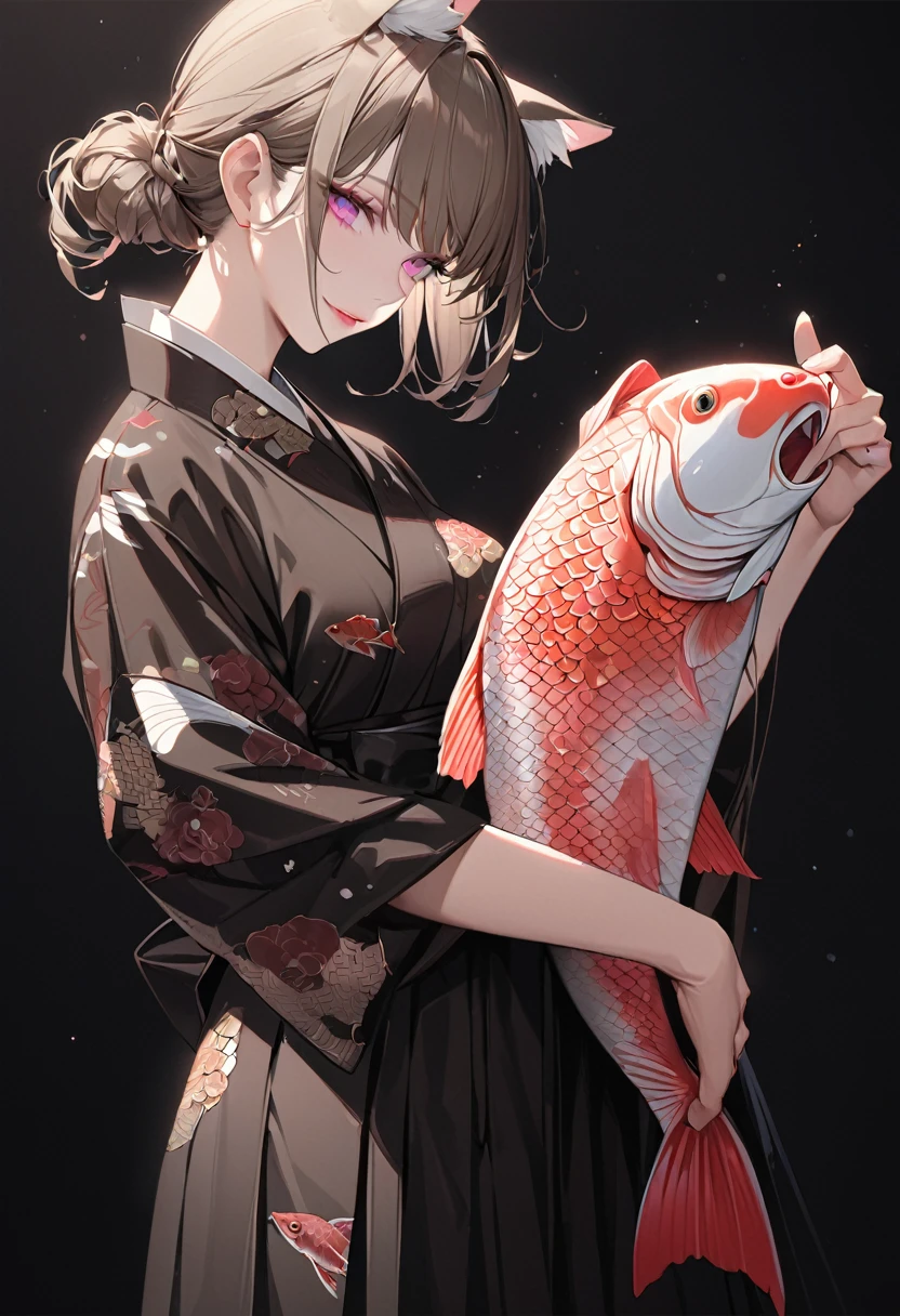 Dressed in black hakama, Brown short hair, Very large cat ears, Pink eyes, Pale red lips, Carp pattern kimono, Black background, super high quality, Ultra-fine detail, Extremely thin handle, Anatomical correct, Confident々Smile