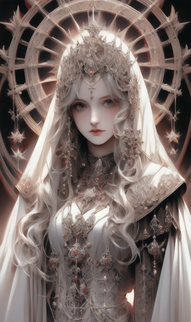 goddess, Gothic Futurism style, Highly detailed illustration, UHD Images, Gorgeous costume details, Black and purple、dark、beautiful、Virgin Solo, High resolution, Long Hair, smile, masterpiece, Anatomically correct, Winner of numerous awards, Highest quality,