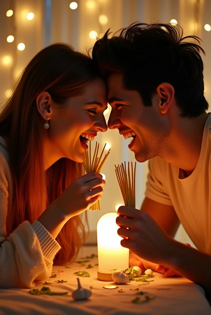 A couple playing a Pocky game with garlic sprouts.