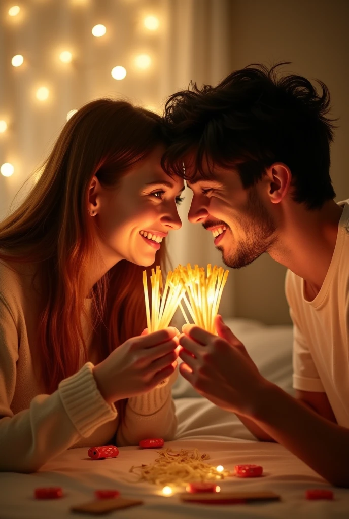 A couple playing a Pocky game with garlic sprouts.