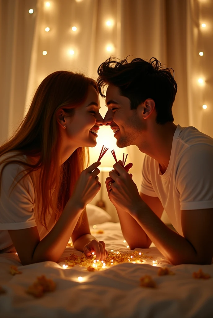 A couple playing a Pocky game with garlic sprouts.