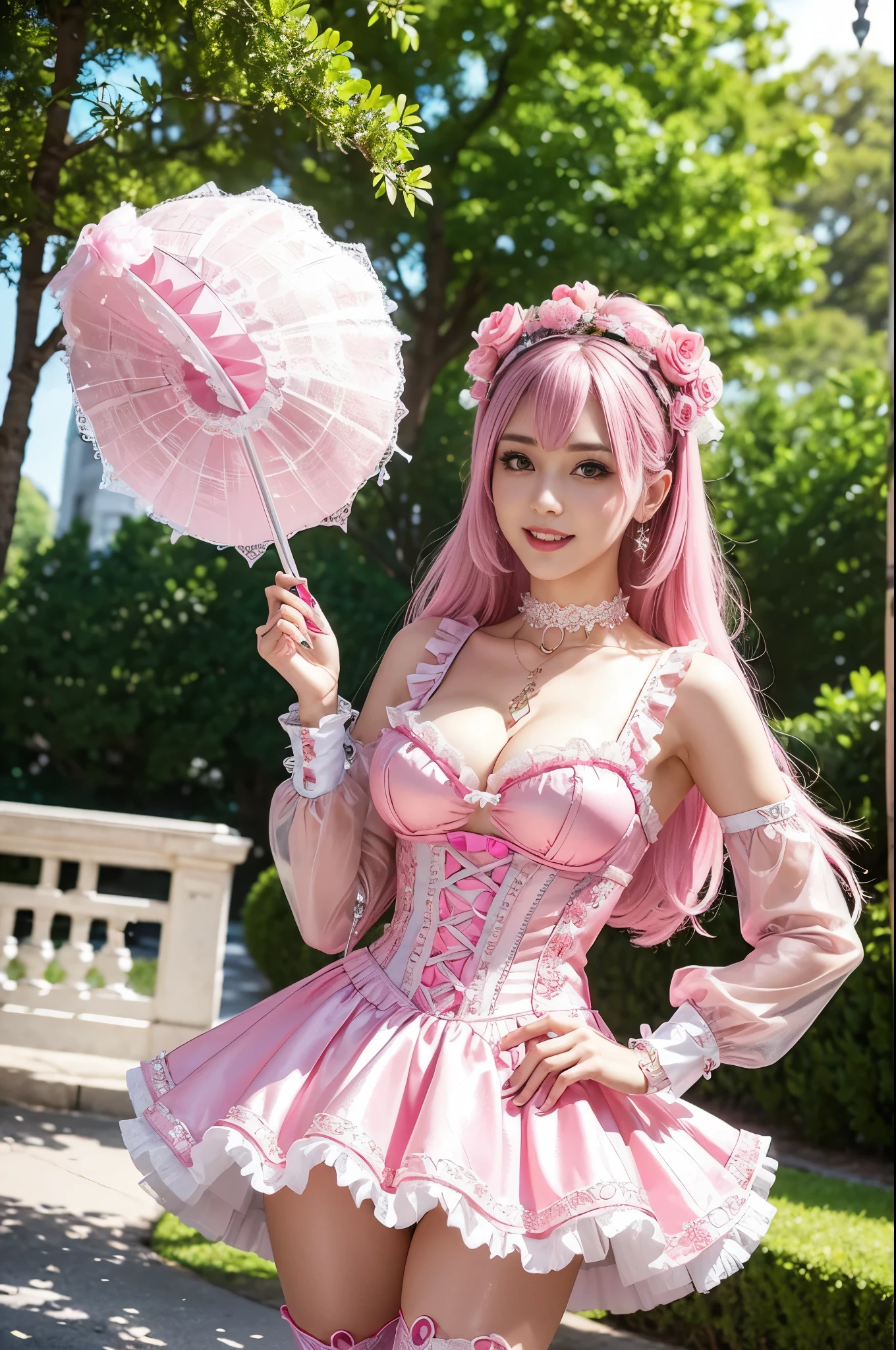 sexy stylish Swedish model, only 1 female, ((doll-like appearance)), long neon pink stylish hair, ((shiny Victorian-Style boots)), (big smile), ultra detailed eyes, vivid eye makeup, lipgloss, long lashes, defined eyebrows, ((sexy Paradise Kiss cosplay)), bell-shaped skirt, petticoats, high neckline, puffed sleeves, ((ultra detailed lace)), ((ultra detailed embroidery)), intricate details, Paradise Kiss accessoires and matching headpiece, choker, ((large sparkling Paradise Kiss jewelry)), cinematic light, detailed large park background with trees