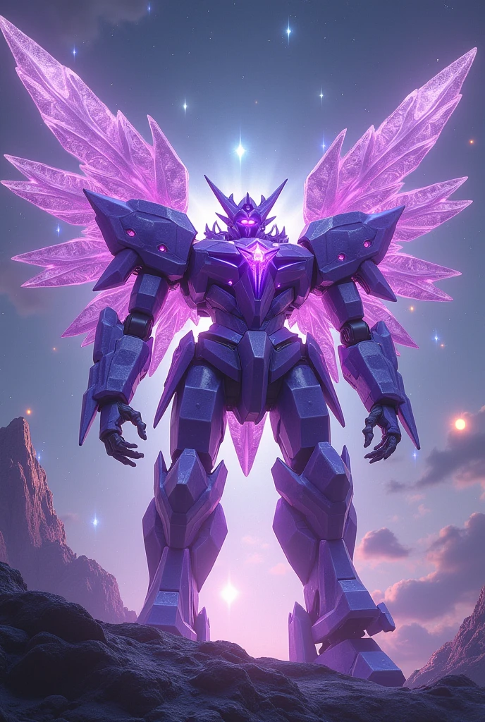 purple crystal-like jagged bodied large angelic shaped mechanoid with jagged crystal legs