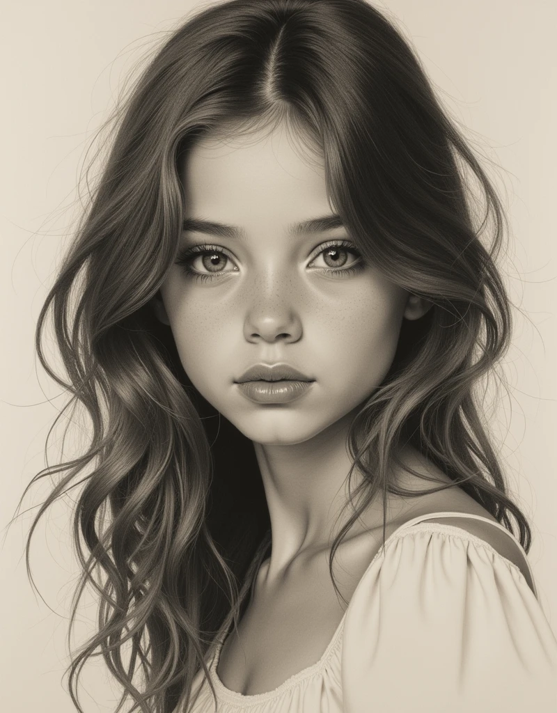 beautiful young girl, 1girl, knee shot, 18 years old, charcoal drawing, sepia, white background, (best quality,4k,8k,highres,masterpiece:1.2),ultra-detailed,(realistic,photorealistic,photo-realistic:1.3),vermeer style,chiaroscuro lighting,detailed facial features,beautiful eyes,long eyelashes,delicate skin,flowing hair