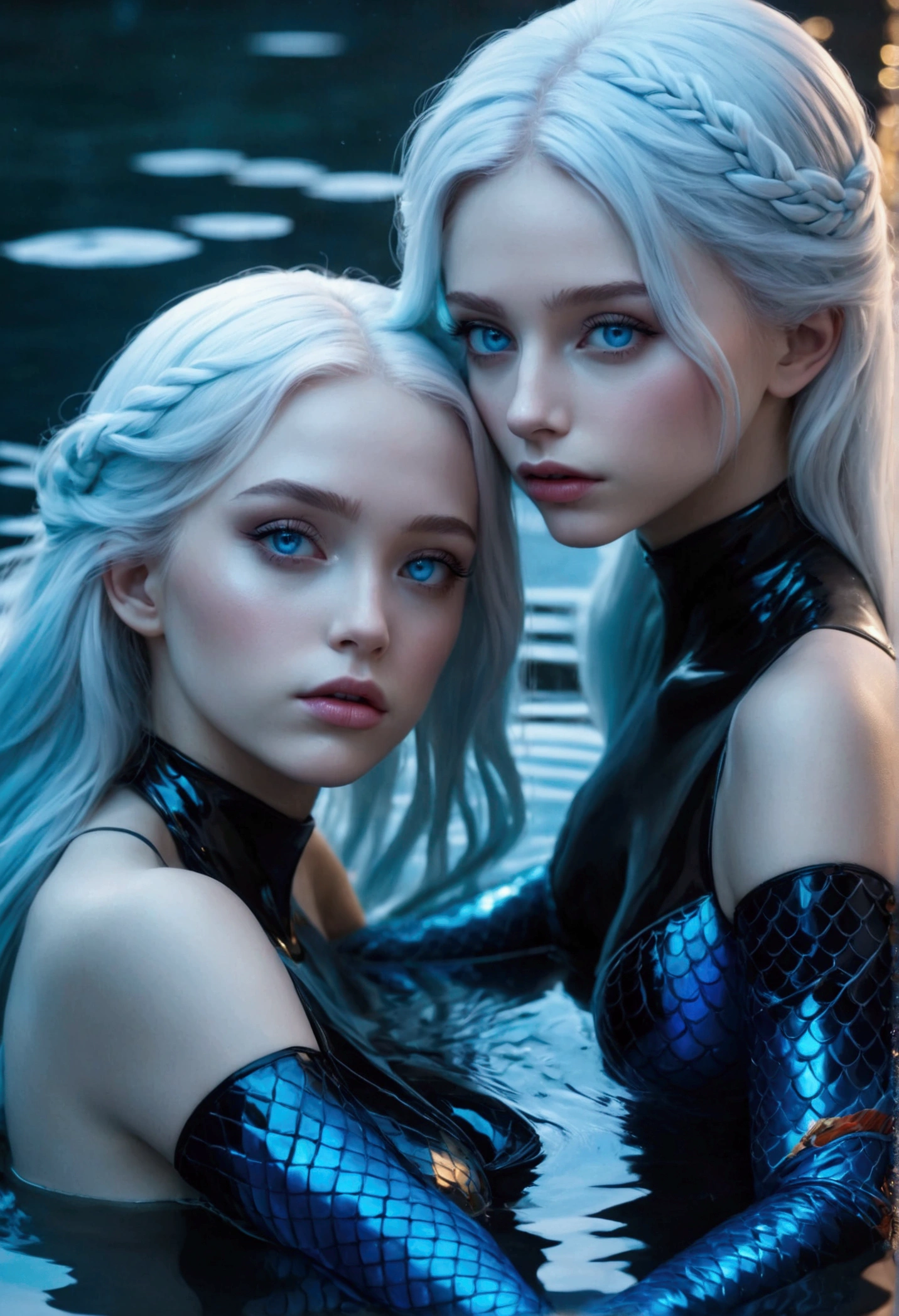 ((best quality)), ((masterpiece)), (detailed), (total body), perfect face, two beautiful woman the first has white long hair and a sky blue reflection, she has a tufted fringe, she has sky blue eyes, she has total black cyber suit clothes with some neon sky blue lights on it, cyber line on her face, she is sad, she is lying on the water in a pond, in the night with skyblue lights, total body. In the water there is a mermaid with red hair and blue eyes, she want to kiss the girl with white hair. Two girls.