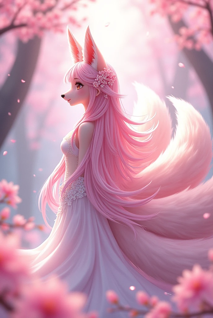 9 snow-white fox tails (1.0), Milky Fox Tail (1.0), Nine-Tailed Foxの狐のクローズアップ, Nine-Tailed Fox, Nine-Tailed Fox, With pink hair、Anime girl in a pink dress with flowers in her hair, very Beautiful anime fox girl, Beautiful anime fox girl, Beautiful fantasy anime, Gwaiz, Anime girl with fox ears, Beautiful Anime Girls, A very beautiful and cute fox, Pink flower rain, Background Blur, Anime Style 4k, Anime fantasy artwork, 4k anime wallpaper, Gubes-inspired artwork