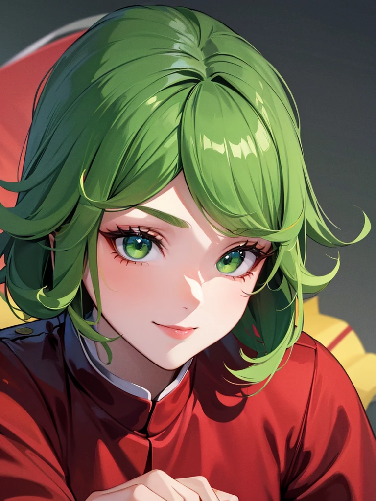 (high res, 8K, masterpiece, looking at viewer, best quality, very aesthetic, ultra detailed, ultra background, ultra Eyes, Realistic Eyes), intricate details, 1girl, Tatsumaki, plain red clothes, Smile Face, short jeans, Indonesian flag sticker on right cheek, Green short hair, Green eyes, holding the Indonesian flag, Indonesian flags on every street, Background Village, Cinematic Angle