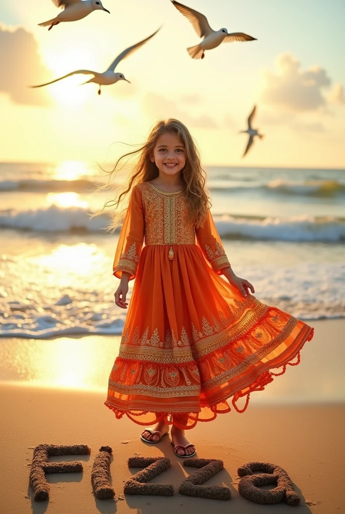 A girl who is standing on the beach wearing a punjabi dress and un the background reitten fizza