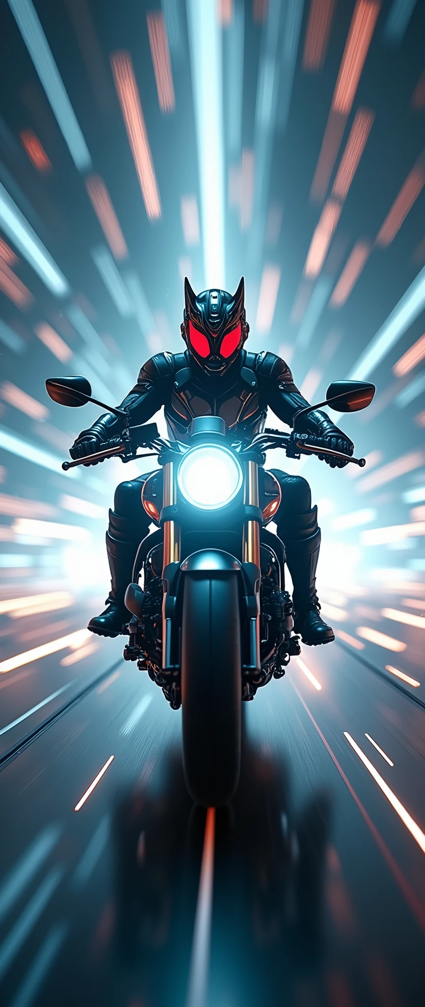 (masterpiece,8k,wallpaper),(Ray Tracing),(sf:2.0),(cyber punk:2.0),(Kamen Rider riding a motorcycle:2.0),(Kamen Rider based on a calico cat:2.0),(Motorcycle in the style of Kamen Rider),(Camera footage from the front of the aircraft:2.0),(Warping motorcycle:2.0),(Expressing superluminal speed with a beautiful white line of light:2.0),(The background is a wormhole:2.0),(VFX:2.0,CG:2.0),(Motion Blur)