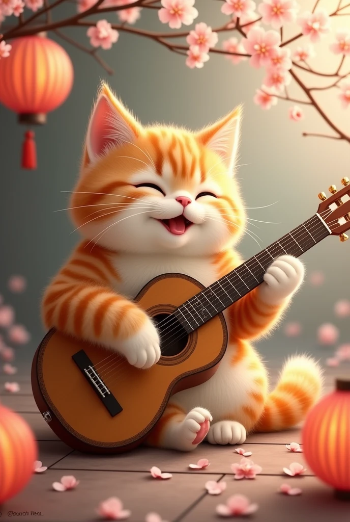 high quality、peace of mind、High precision、Real Stick、delicate、Detailed、Warm touch、Attractive colors、Depict the whole body、A depiction that allows the entire subject to be seen、A touch of engraving、cat、Random species、Random fur color、delicateな毛並み、A rich expression、Rich Expressions、Deformation、Japanese culture、catがギターを弾いている、Delete any unnecessary text other than the illustration.