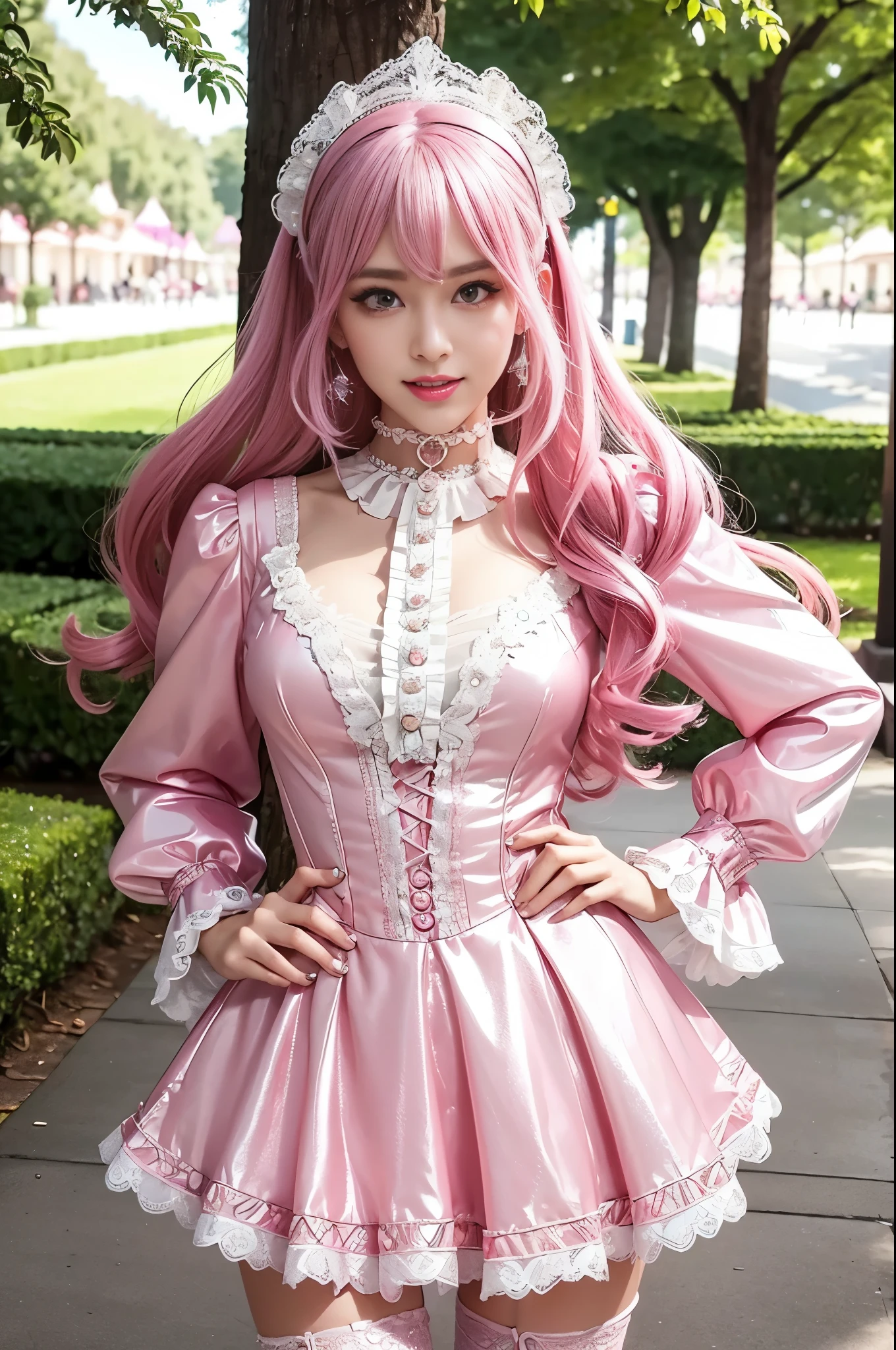 sexy stylish Swedish model, only 1 female, ((doll-like appearance)), long neon pink stylish hair, ((shiny Victorian-Style boots)), (big smile), ultra detailed eyes, vivid eye makeup, lipgloss, long lashes, defined eyebrows, ((sexy Paradise Kiss cosplay)), bell-shaped skirt, petticoats, high neckline, puffed sleeves, ((ultra detailed lace)), ((ultra detailed embroidery)), intricate details, Paradise Kiss accessoires and matching headpiece, choker, ((large sparkling Paradise Kiss jewelry)), cinematic light, detailed large park background with trees