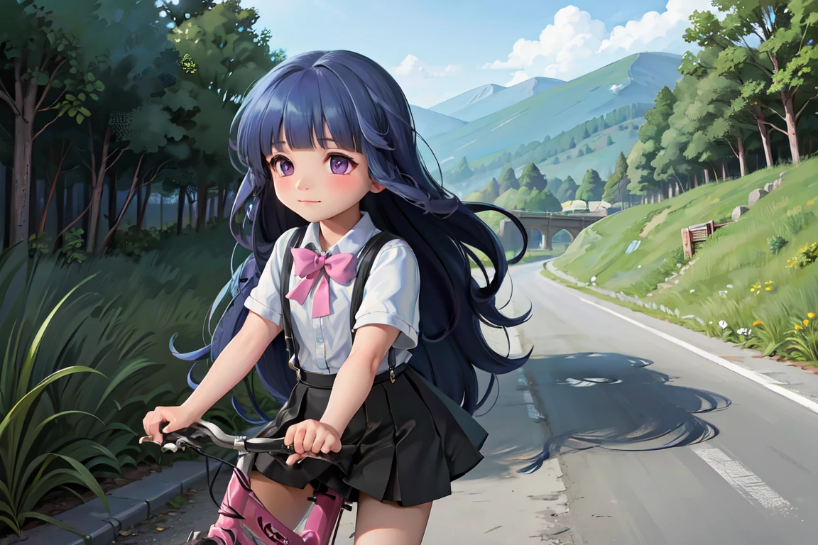 1girl, alone, Blue Hair, Purple eyes, Long Hair, blunt bangs, bangs, White shirt, Pink Ribbon, suspenders, Black Skirt, Riding a children's bicycle, Mountain trail