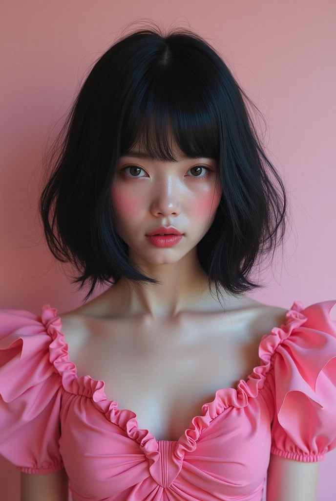 painting of a woman with black  hair and a pink dress with a flare effect, (finely detailed skin), pale skin, beautiful epic composition, futuristic, masterpiece, sensual, appealing, posing for a photo, soft light 4k,(masterpiece), best quality, expressive eyes, perfect face,"25year old girl body of fusion, showcases a surreal, sorcery, metamorphosis, and the occult, depicting fantastical creatures and haunting , centered, highly detailed, extremely detailed, delicate detail, crisp quality, ultra realistic, hyperrealistic, surrealism, dark art,  james jean and wlop, weta studio and james jean, james jean soft light 4k, james jean soft light 4 k, karol bak and peter mohrbacher, beeple and james jean, by Roberto Ferri, james jean and peter mohrbacher, james jean andrei riabovitchev