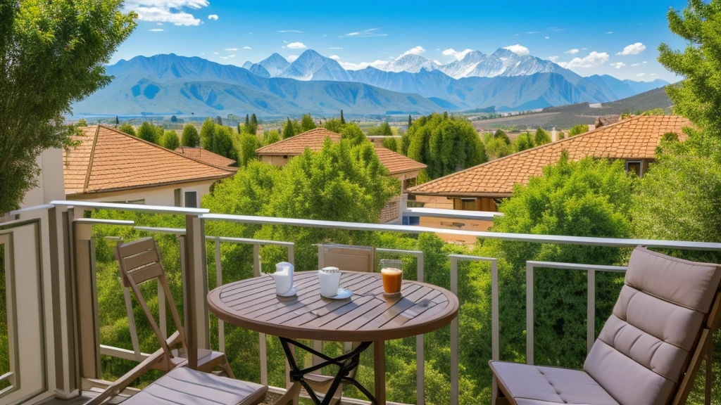 there is a table and chairs on a balcony with a view of the mountains, a stock photo by Franz Hegi, trending on pexels, modernism, overlooking a valley, detailed scenic view, beautiful scenic view, beautiful terrace, chill time. good view, cafe in the clouds, stunning nature in background, overlooking a valley with trees, at the terrace