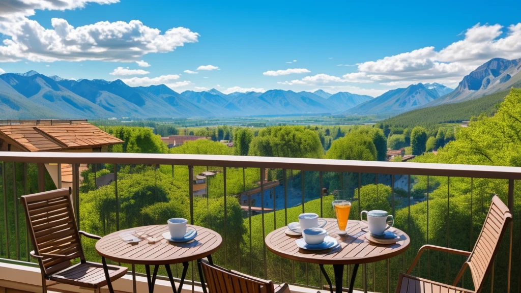there is a table and chairs on a balcony with a view of the mountains, a stock photo by Franz Hegi, trending on pexels, modernism, overlooking a valley, detailed scenic view, beautiful scenic view, beautiful terrace, chill time. good view, cafe in the clouds, stunning nature in background, overlooking a valley with trees, at the terrace