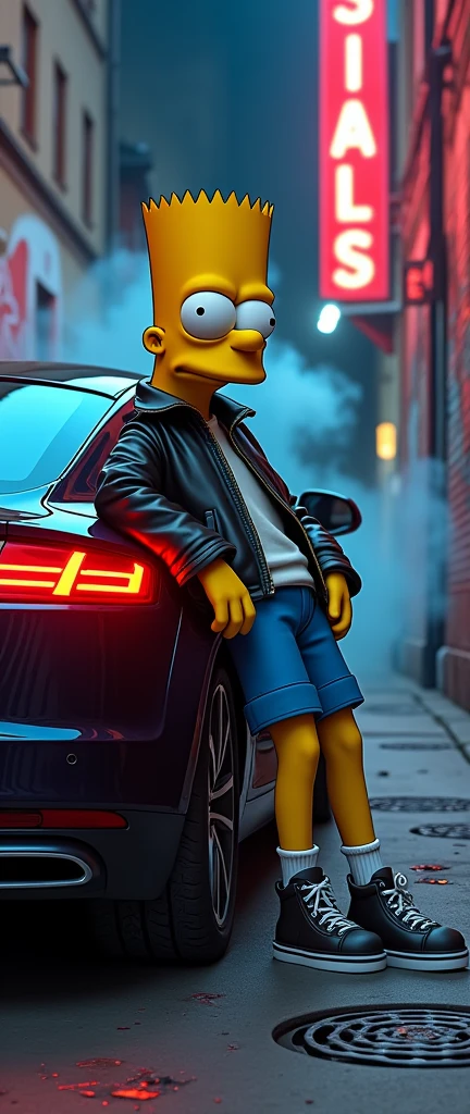 Generate an image of Bart Simpson with an Audi TT mk2 in a gangster mood, make it look real detailed