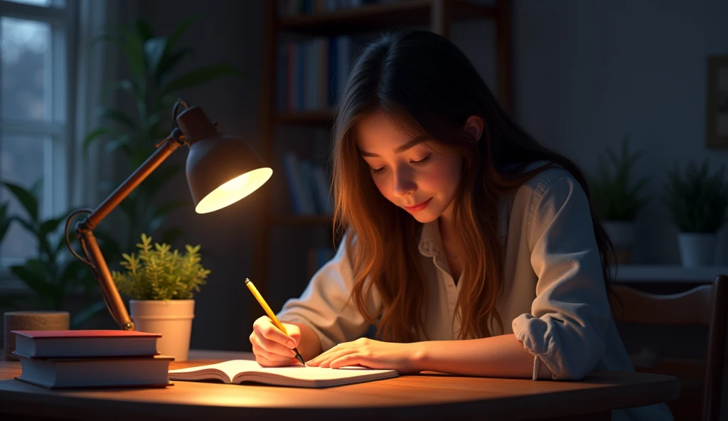 An 22 year old girl brown hair writting on study tablejournal at night animated ,3d render wearing trouser shirt 3d render ,animated,animated